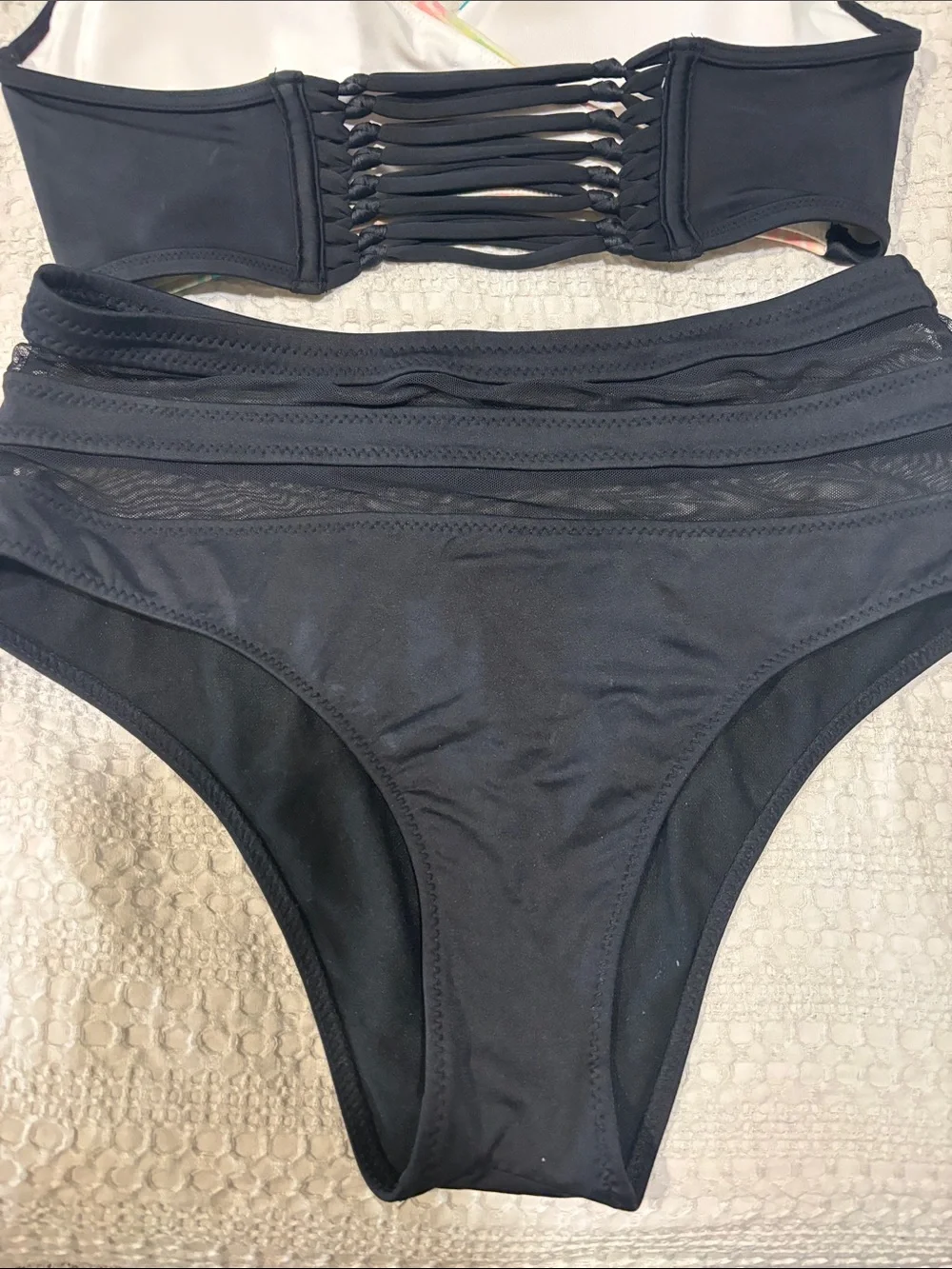 High-Waist Two-Piece Swim Set with Pastel Geometric Top and Black Bottom